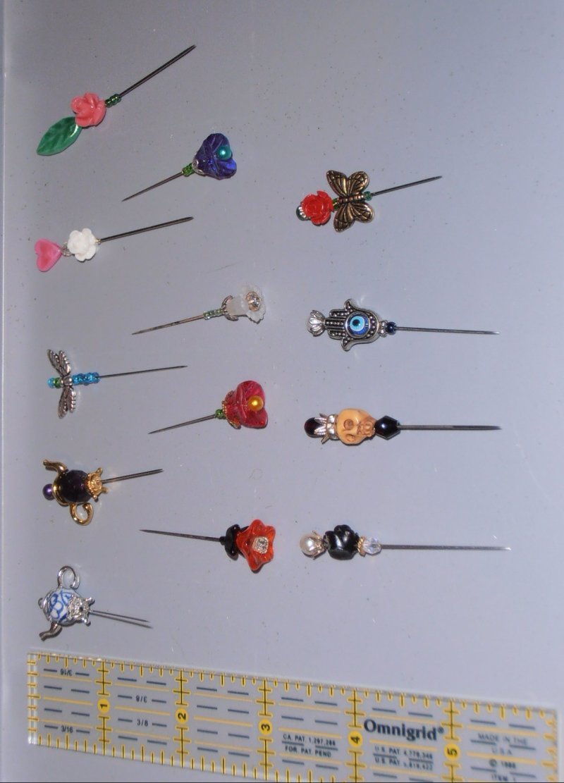 Beaded sewing & corsage pins, ruler for scale
